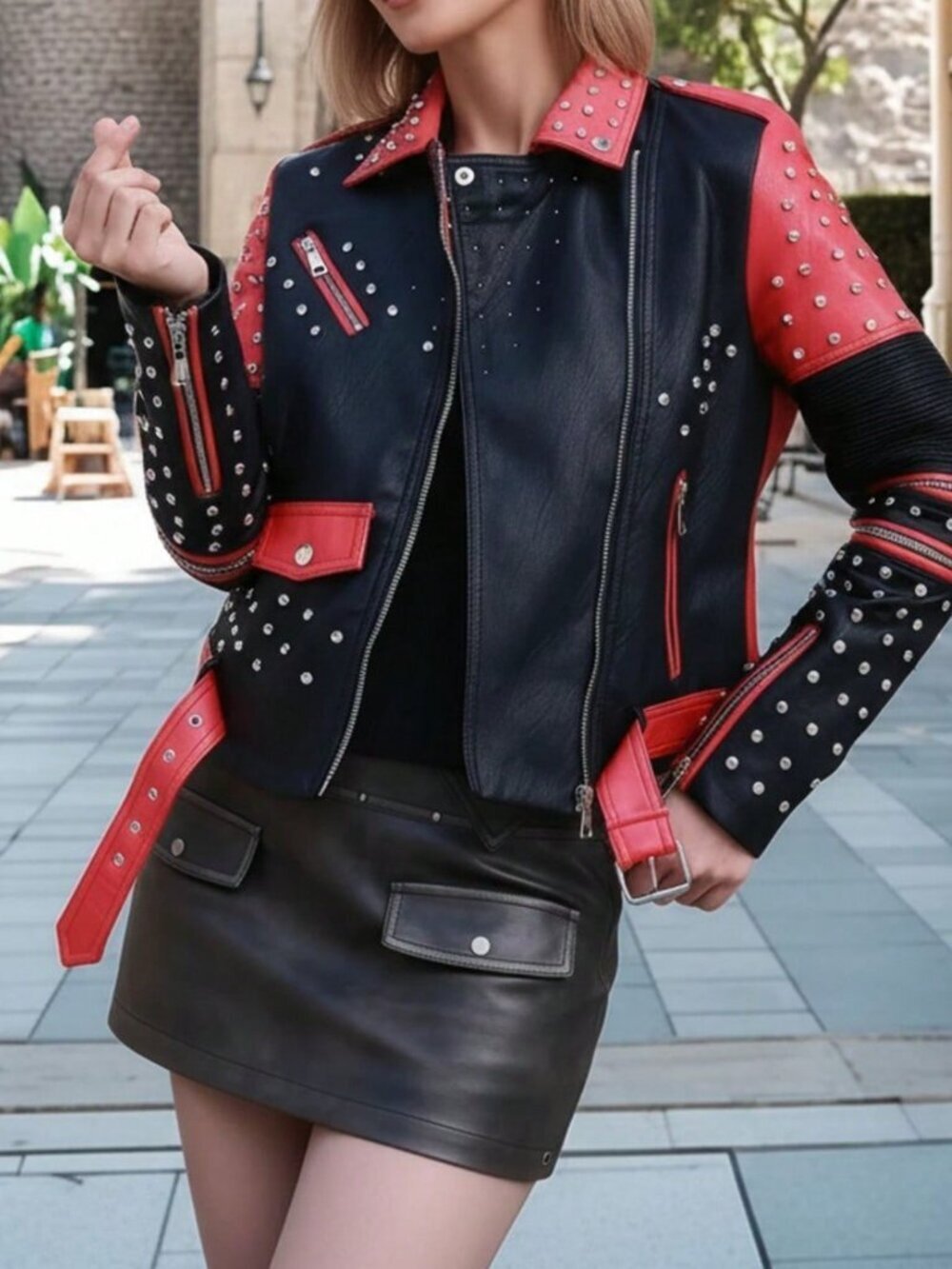 Red Casual Womens Faux Leather Biker Jacket with Rhinestones & Asymmetric Zipper